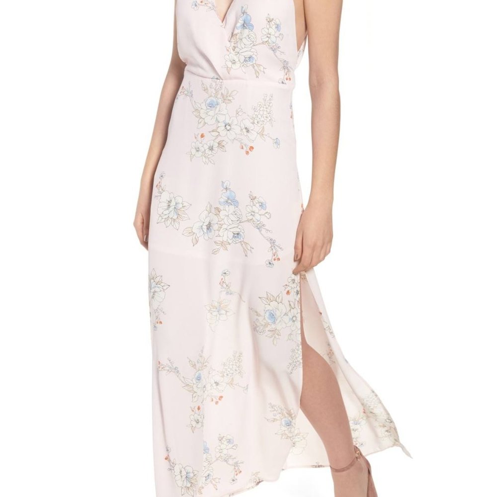 Enchanting Lush Surplice Maxi Dress - Pale Pink Floral - Ideal for Wedding Guest